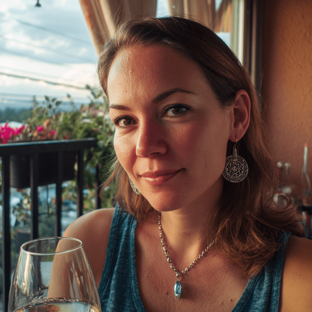 Jessica, auf dem Balkon am Freitagabend, ein Glas Sancerre in der Hand.