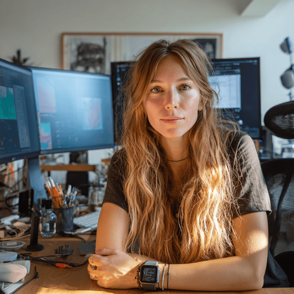 Miranda, am Mid-Century-Schreibtisch in Berlin-Mitte, zwei Monitore mit Tracking-Daten im Hintergrund.